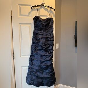 Rickie Freeman Teri John Navy Ruched Silk Fitted Evening Gown